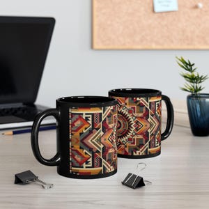 Southwest Mug, Desert Theme Ceramic Coffee Cup, Boho Style Tea Mug, Tribal Print Drinkware, 11oz 15oz Black Mug