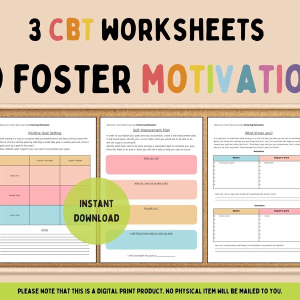 Printable CBT Worksheets for kids and teens, Motivation, Depression, Coping Skills, Therapy Sheets, Growth Mindset, Mental Health Activities