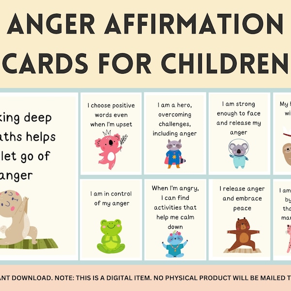 Cartes imprimables d'affirmation de la colère pour les enfants, Régulation émotionnelle des enfants, Stratégies d'adaptation, Santé mentale, Gestion de la colère, Se calmer