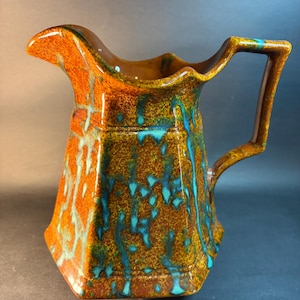 1991 Ned Foltz Redware Pottery Pitcher Enamel Glaze 8.25”