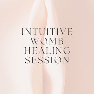 Può includere: Uno sfondo in tessuto rosa con il testo "INTUITIVE WOMB HEALING SESSION" in nero.