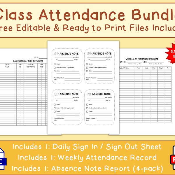 Class Attendance Record Bundle | Create Professional Procedures for Monitoring Childcare | Student Absences, Pickup / Drop-off Details Today