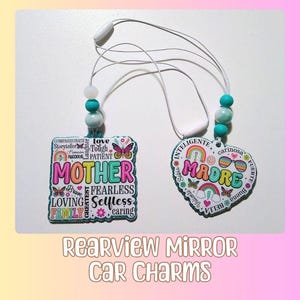 Mom Mother Madre Inspiring Quotes Car rear View Mirror Charm-Car Accessory Hanger with Beads-Car Ornament-Acrylic Glitter Resin Car Charm