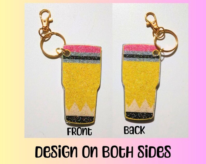 Teacher Pencil Tumbler Cup Keychain Glitter Resin With Tassel Keychain