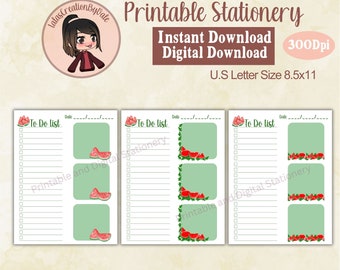 Watermelon To Do List Notes Organized Digital Printable Stationery-Stationery Bundle-Letter Writing Set-Journal Paper Writing-Print at Home