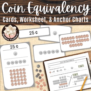 Tarjetas de clasificación de monedas equivalentes Montessori: gráficos y hojas de trabajo de aprendizaje de matemáticas sobre el dinero para educación primaria