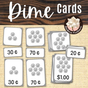 Tarjetas imprimibles con monedas de diez centavos: matemáticas con dinero Montessori para estudiantes de primaria - Materiales de aprendizaje para contar monedas