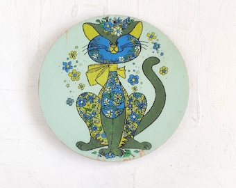 Snijplank met bloemen en kattenmotief - Houten wanddecoratie uit de jaren 60 - Verouderd