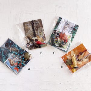 Op de afbeelding: Vier doorzichtige plastic zakjes met de labels A, B, C en D, elk met een uniek assortiment kleine bedels, kralen en miniatuurfiguurtjes bevestigd op decoratieve kaarten met afbeeldingen en tekst, waaronder The Invisible Intruder.