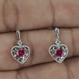 Sterling Silver RUBY HEART Dangle Earrings, Ruby Earrings, Heart Dangling Earrings, Heart Earrings, Valentine Earrings