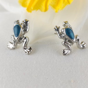 May include: A pair of silver frog earrings with blue enamel accents. The frogs are facing opposite directions and have detailed features.