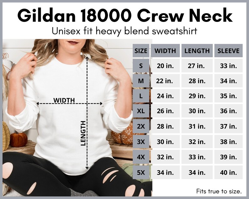 May include: A size chart for a Gildan 18000 Crew Neck unisex sweatshirt. The chart shows the width, length, and sleeve length in inches for sizes S through 5X.