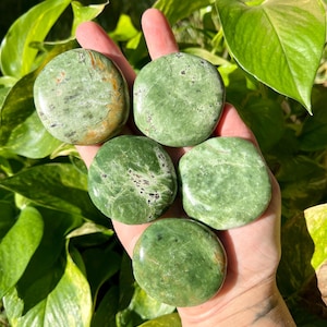 May include: Five polished green stones of varying shapes and sizes are held in a hand. The stones have a mottled appearance with darker green and brown inclusions. The background features lush green foliage.