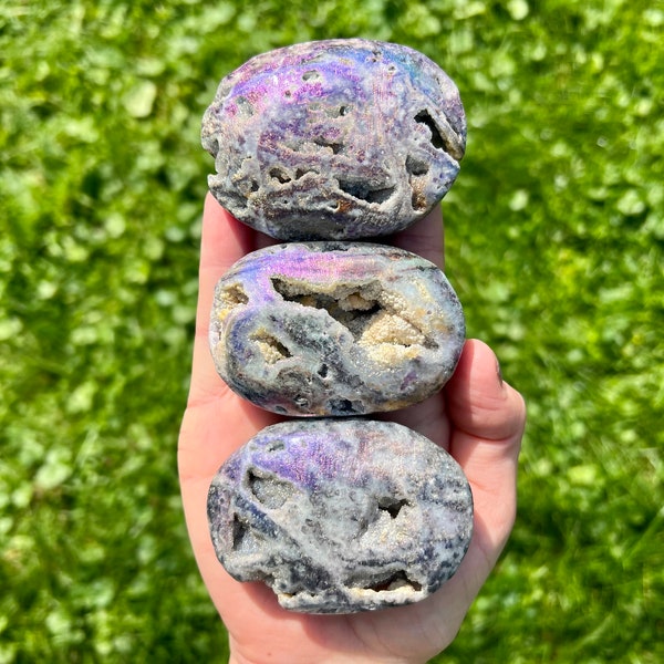 Druzy Sphalerite Titanium Aura Palm Stones (One Palm)