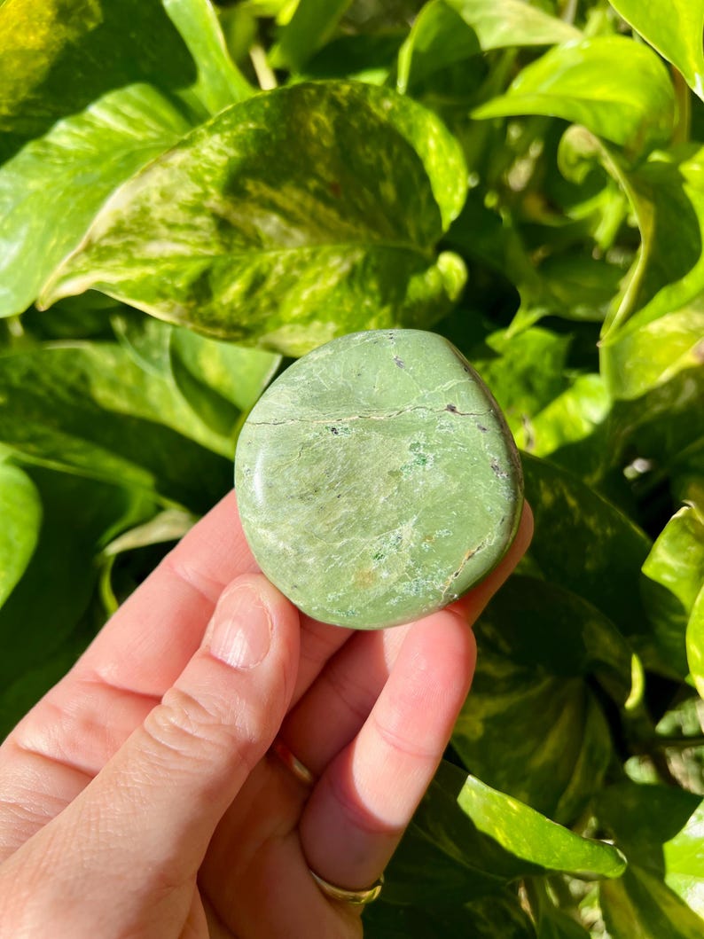 May include: A smooth, oval-shaped green stone, held in a hand, against a backdrop of lush green foliage. The stone has a mottled appearance with subtle variations in color and texture, suggesting a natural origin.