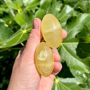 May include: Two yellow oval-shaped polished stones with white streaks. The stones are smooth and have a glossy finish.