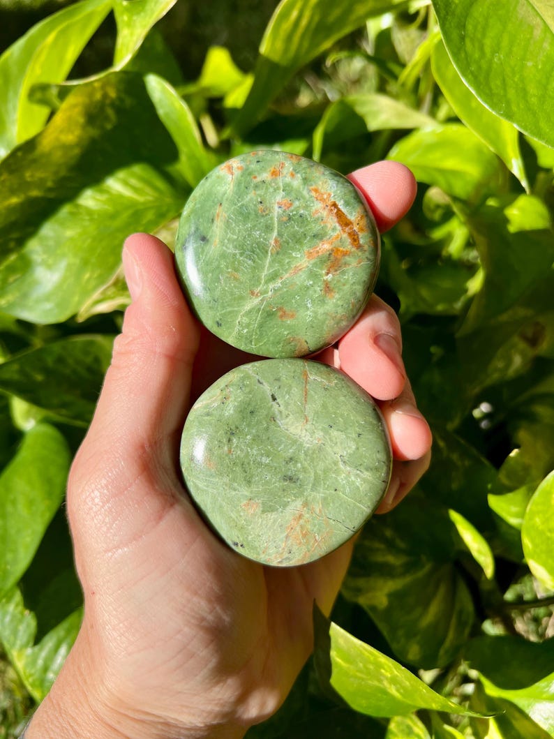 May include: Two round, polished green stones with brown and white veining are held in a hand. The stones have a smooth, glossy surface and are set against a backdrop of green foliage.