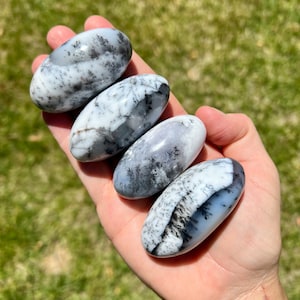 Peut inclure: Quatre pierres de palmier en agate dendritique noire et blanche, lisses et de forme ovale. Les pierres sont disposées en rangée, la plus grande en haut et la plus petite en bas.