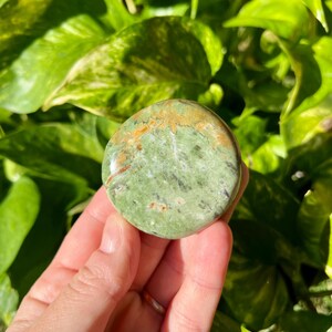 May include: A round, polished stone with a mottled green and brown surface. The stone is held in a hand, with a background of green leaves. The stone's colors range from light green to dark green, with brown and orange accents.