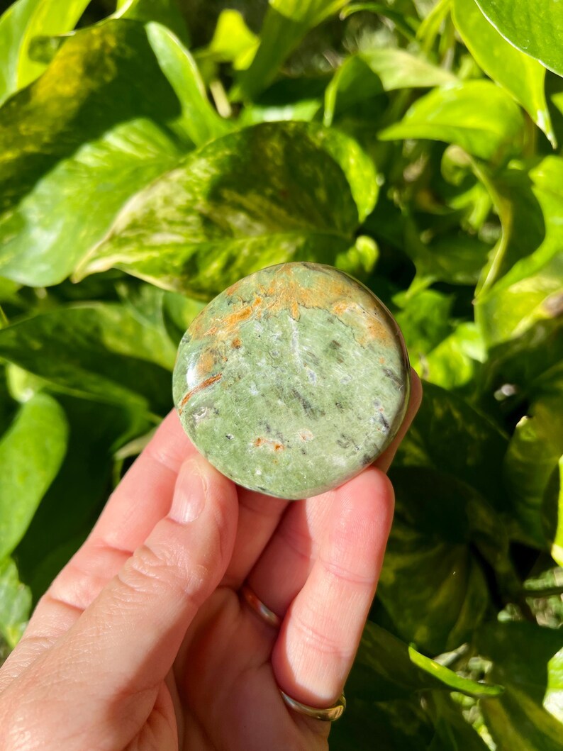 May include: A round, polished stone with a mottled green and brown surface. The stone is held in a hand, with a background of green leaves. The stone's colors range from light green to dark green, with brown and orange accents.