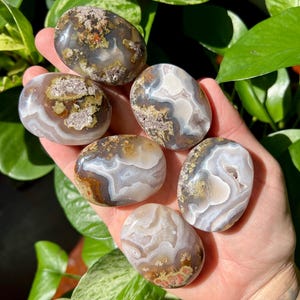 May include: Six smooth, polished agate stones with brown, white, and gray patterns. The stones are oval shaped and have a natural, earthy look.
