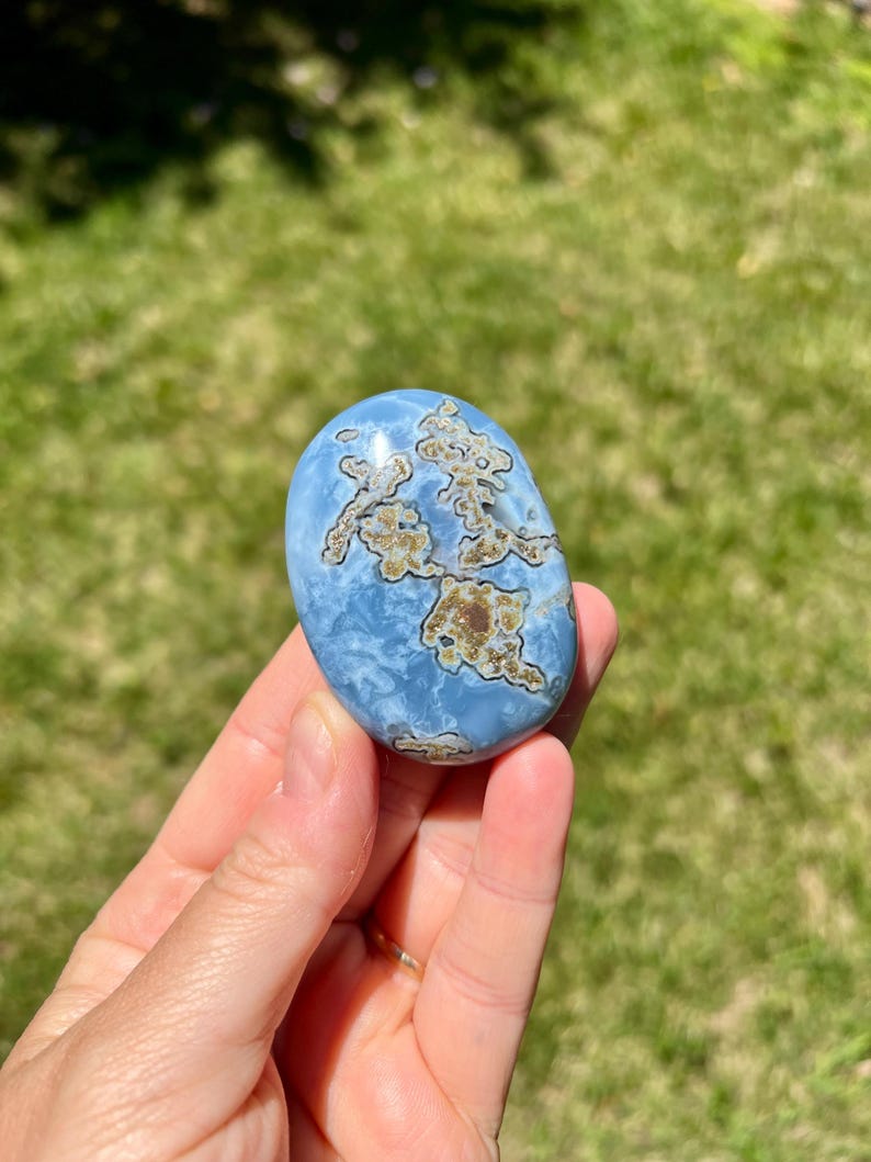 May include: A polished, oval-shaped blue opal stone with brown and tan patterns. The gemstone is held in a hand against a backdrop of green grass and sunlight. The stone's surface has a smooth, glossy finish.