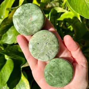 May include: Three round, polished green stones with natural veining and subtle color variations are held in a hand. The stones have a smooth, flat surface and a slightly glossy finish. The background features green foliage.