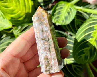 Puede incluir: Una punta de cristal de jaspe oceánico de color marrón claro y blanco con una punta puntiaguda y una superficie lisa y pulida. El cristal tiene un patrón único de círculos blancos y marrones.
