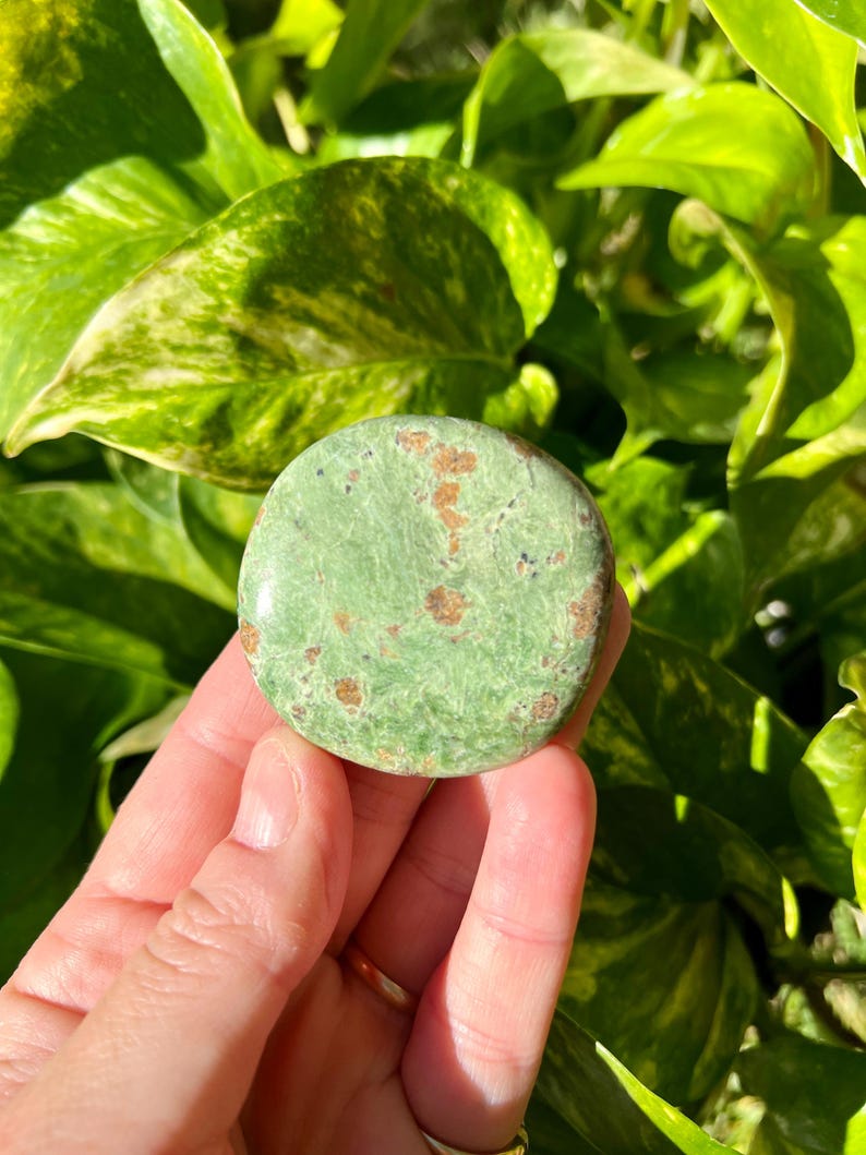 May include: A round, green stone with brown spots is held in a hand. The stone is smooth and polished. The background is filled with green leaves.