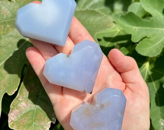 Blue Chalcedony Faceted Hearts | Blue Chalcedony Crystal Heart Carving