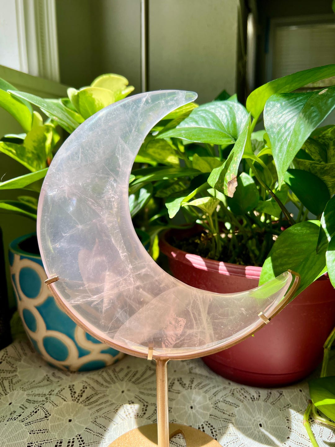 Mozambique Rose Quartz Crescent Moon | Crystal Moon on Stand