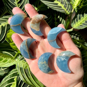 Aquatine Lemurian Calcite Crescent Moons | Blue Onyx Stone | Crystal Moon Carving
