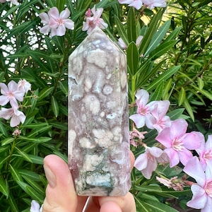 Pink Amethyst Flower Agate x Quartz Point with Small Druzy - Polished