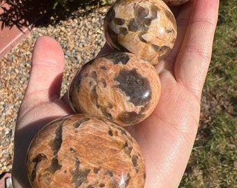 Smokey Quartz in Peach Moonstone "Zebradorite" Palmstones - Polished (One palm)