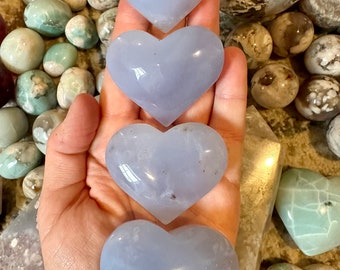 Soothing Blue Chalcedony Puffy Hearts | Chalcedony Crystal Heart Carving (You Choose)