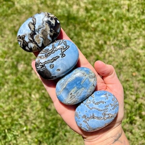 May include: Four oval-shaped blue opal stones with unique patterns of brown and black veining are held in a hand. The stones vary in their veining patterns, with some having more intricate designs than others. The background is blurred green grass.