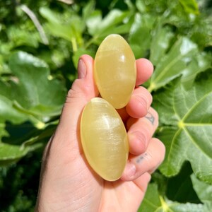 May include: Two yellow oval-shaped polished stones with a smooth, shiny surface. The stones are held in a hand.