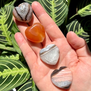 May include: Four heart-shaped polished agate stones in various colors and patterns. The stones are arranged in a hand, with the largest stone at the top and the smallest stone at the bottom. The stones are a light brown with white and gray banding, a light orange, a white with gray banding, and a light pink with gray banding.