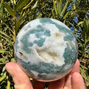 LARGE Moss Agate Sphere with Druzy - Polished