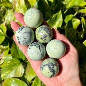 May include: Six green serpentine spheres with black veining are held in a hand, set against a backdrop of green foliage. The spheres have a smooth, polished appearance, and vary slightly in color and pattern. The overall aesthetic is natural and earthy.