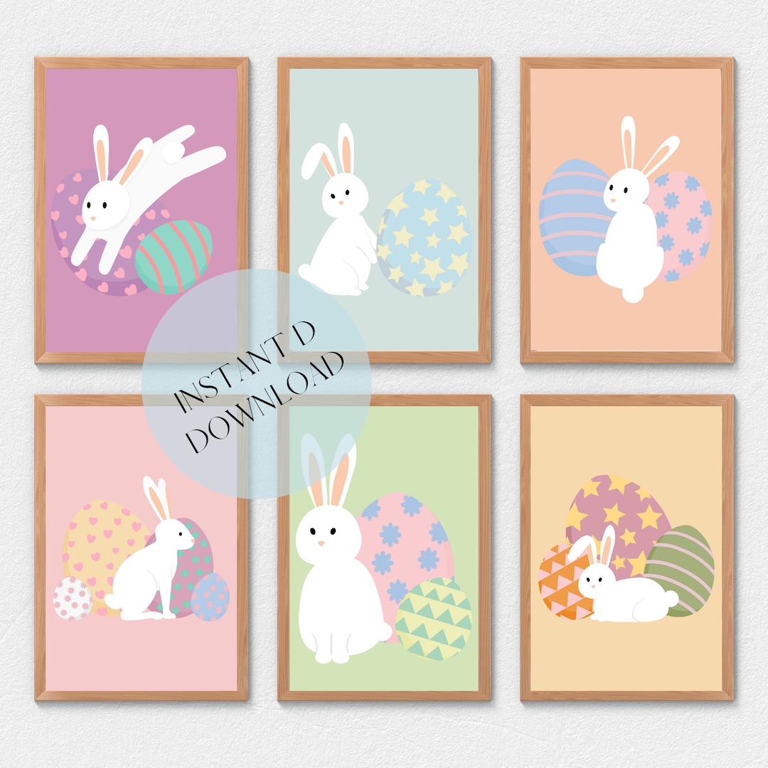 6 Pack Printable Easter Wall Art, Easter Decor, Pastel Bunnies, Spring