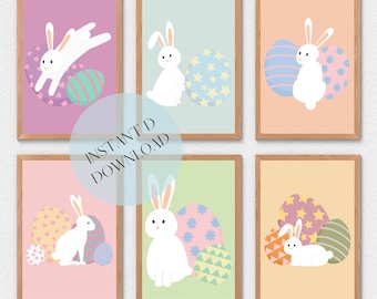 6 Pack Printable Easter Wall Art, Easter Decor, Pastel Bunnies, Spring Wall Art, Easter Eggs, Spring Art, Easter Decorations, Easter Art Set