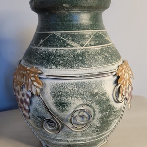 Green Vintage Pottery Vase with Metal Grape Accent.