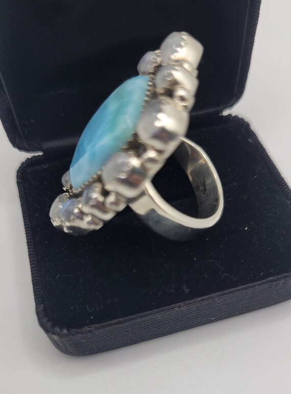 Bague Argent Sterling Avec Larimar Bleu - Design Cluster Unique - Taille 6.5 - Neuve Sans Boîte