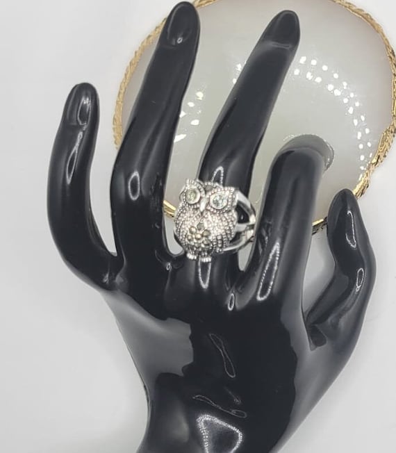 Silvertone Rhinestone owl Ring. - image 1