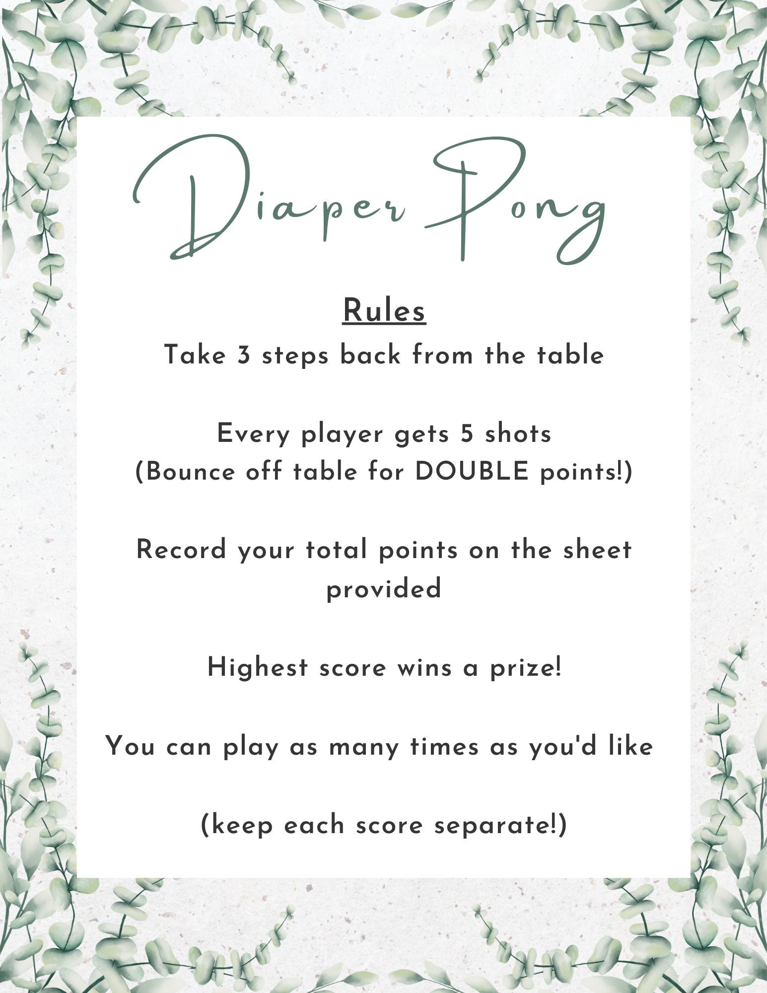 Diaper Pong Sign Score Sheet Digital Print Baby Shower Etsy