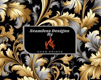 Motif répétitif floral Boraque noir, blanc et or - Conception de téléchargement numérique - Motif sans couture - Motif de surface