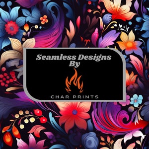 Pode incluir: Um gráfico preto e branco com um logotipo de chama estilizado e o texto "Seamless Designs By CHAR PRINTS" em um fundo de padrões florais coloridos.