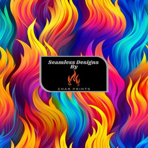 Peut inclure: Un motif sans couture représentant des flammes abstraites colorées dans des tons de jaune, orange, rouge, bleu et violet. Le motif est intitulé "Seamless Designs By Char Prints".