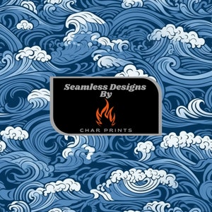 Op de afbeelding: Naadloze patroon van blauwe en witte golven op een donkerblauwe achtergrond. Het patroon is getiteld "Seamless Designs By CHAR PRINTS".